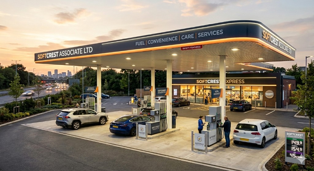 Softcrest Bypass Filling Station — official exterior at dusk